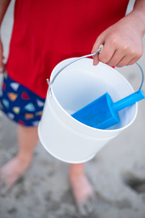 White Metal Beach Bucket with Scoop