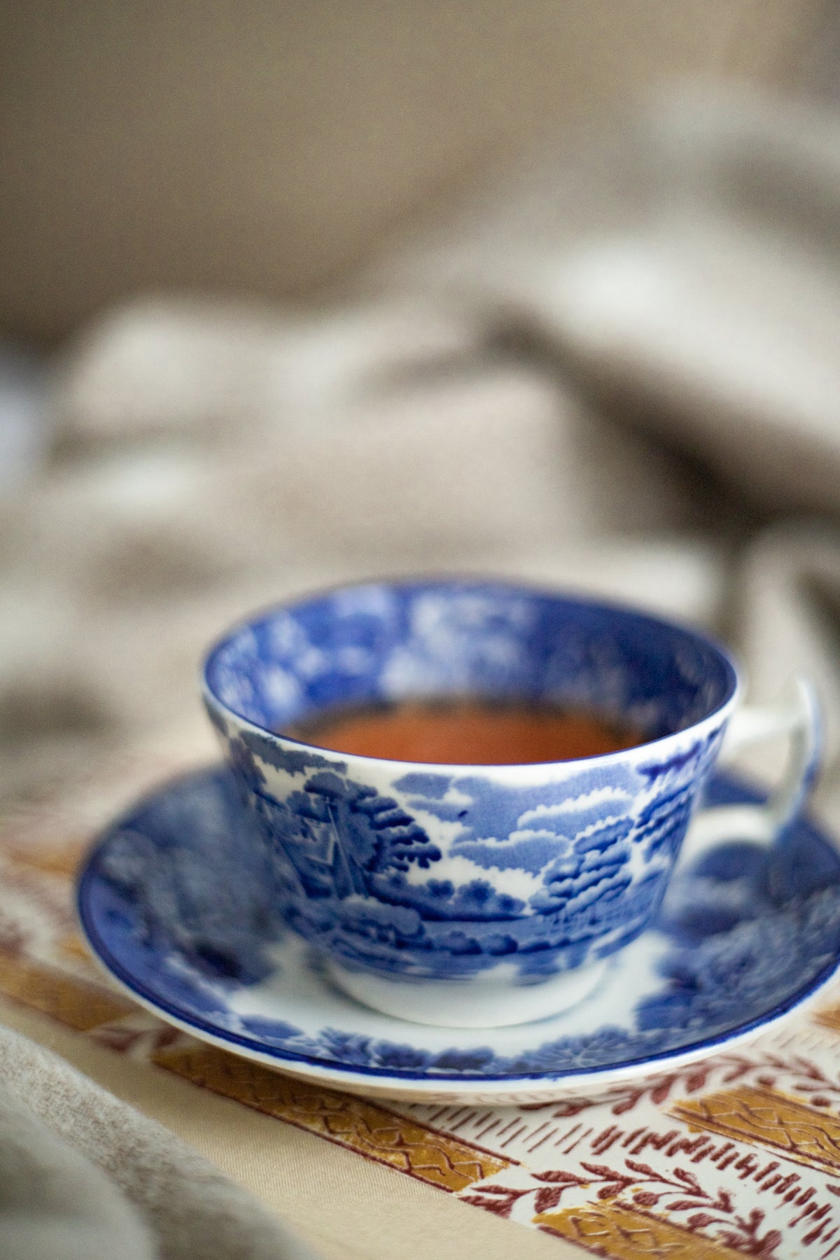 Antique Blue Transferware Teacup and Saucer Set