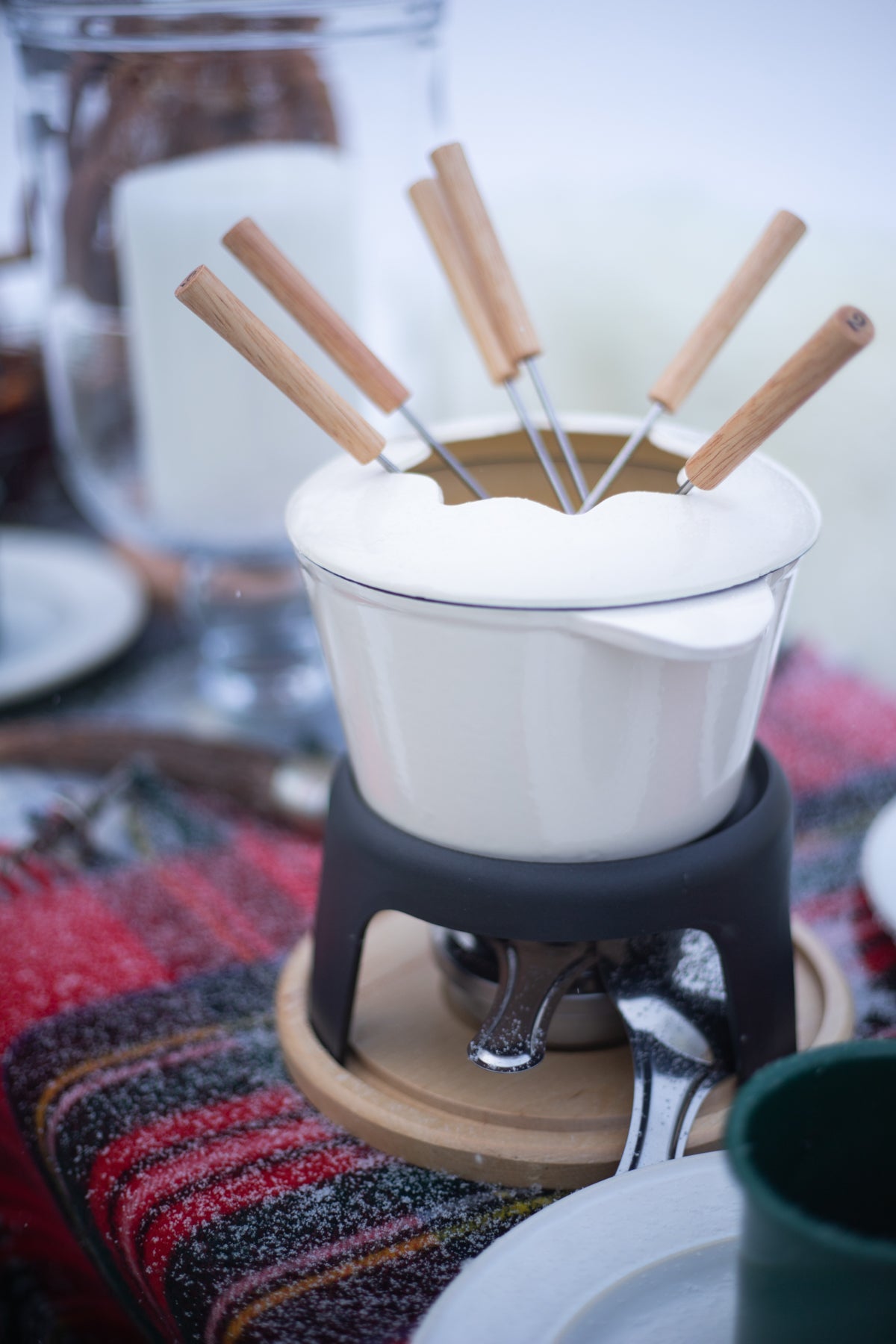 Ivory Enamel-Coated Cast Iron Fondue Pot