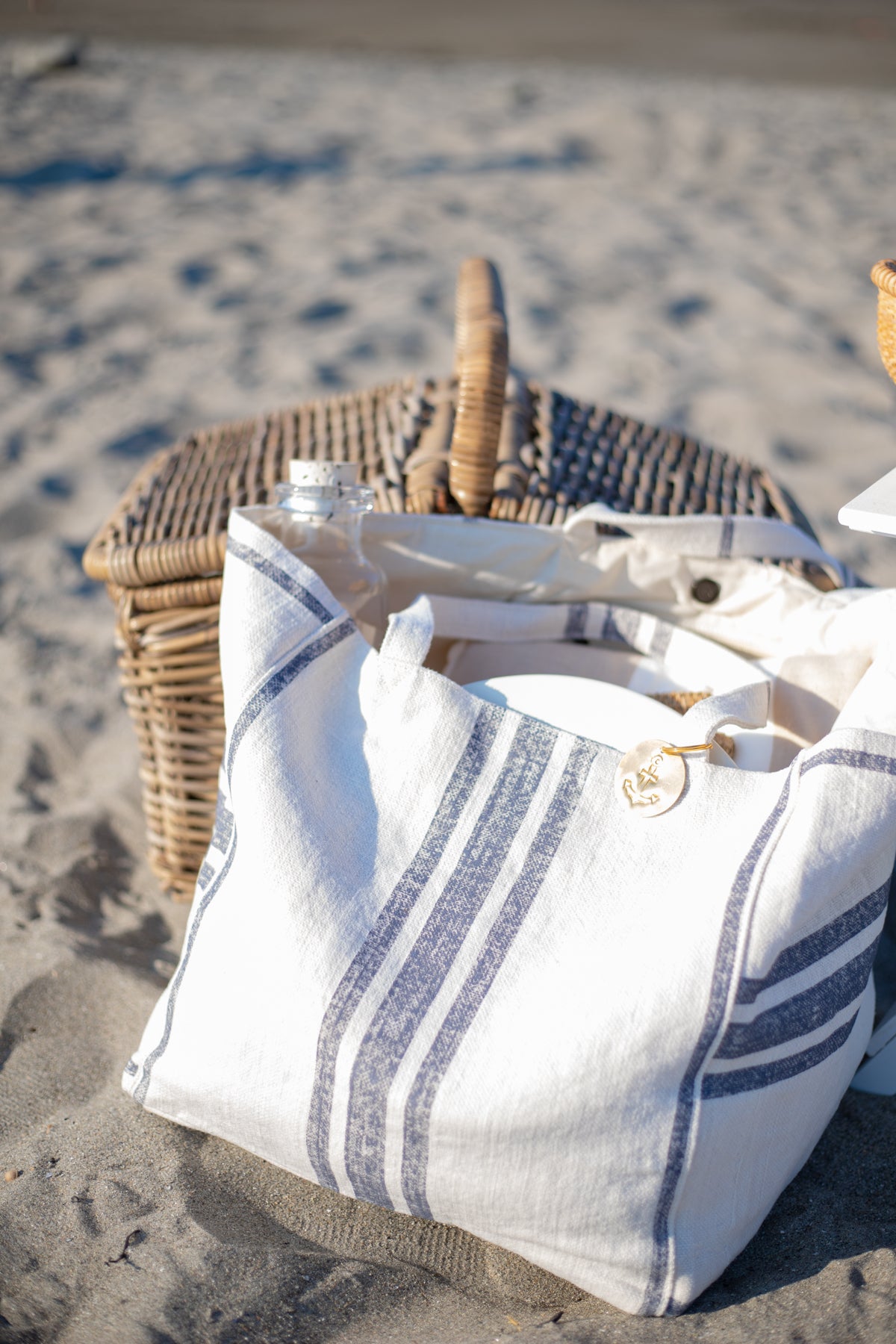 Ivory and Blue Striped Belgian Linen Beach Tote