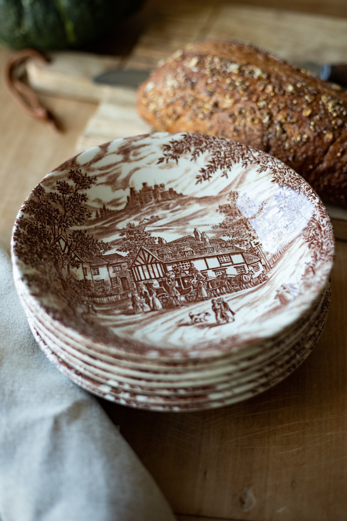 Vintage English Ironstone Cottage Soup Bowls - Set of 7