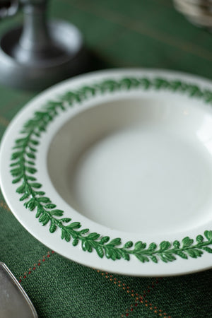Vintage Round Serving Bowl with Green Leaf Design