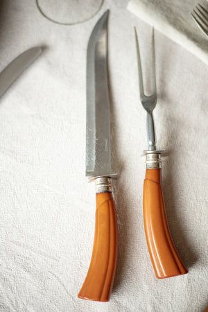 Vintage Brown Bakelite Carving Set - Knife and Fork
