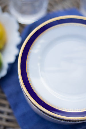 Vintage Navy Blue and White Appetizer Plates with Gold Trim - Set of 12