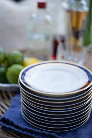 Vintage Navy Blue and White Appetizer Plates with Gold Trim - Set of 12