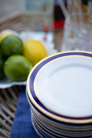 Vintage Navy Blue and White Appetizer Plates with Gold Trim - Set of 12