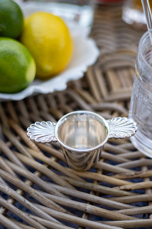 Antique Silverplated Shot Glass with Shell Design