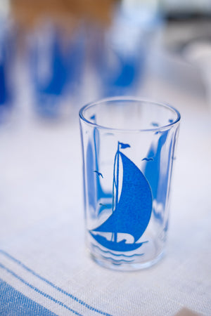 Vintage Blue Sailboat Juice Glasses - Set of 6