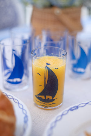 Vintage Blue Sailboat Juice Glasses - Set of 6
