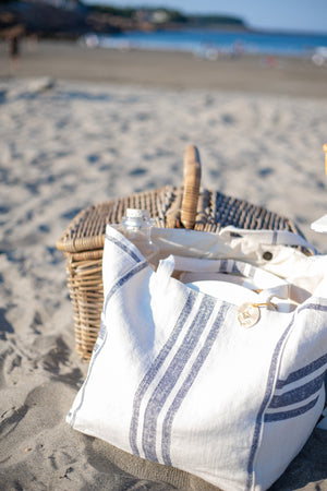 Ivory and Blue Striped Belgian Linen Beach Tote