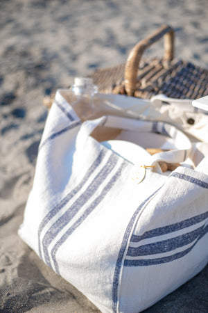 Ivory and Blue Striped Belgian Linen Beach Tote