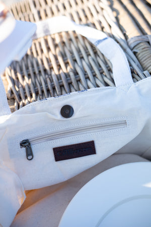 Ivory and Blue Striped Belgian Linen Beach Tote