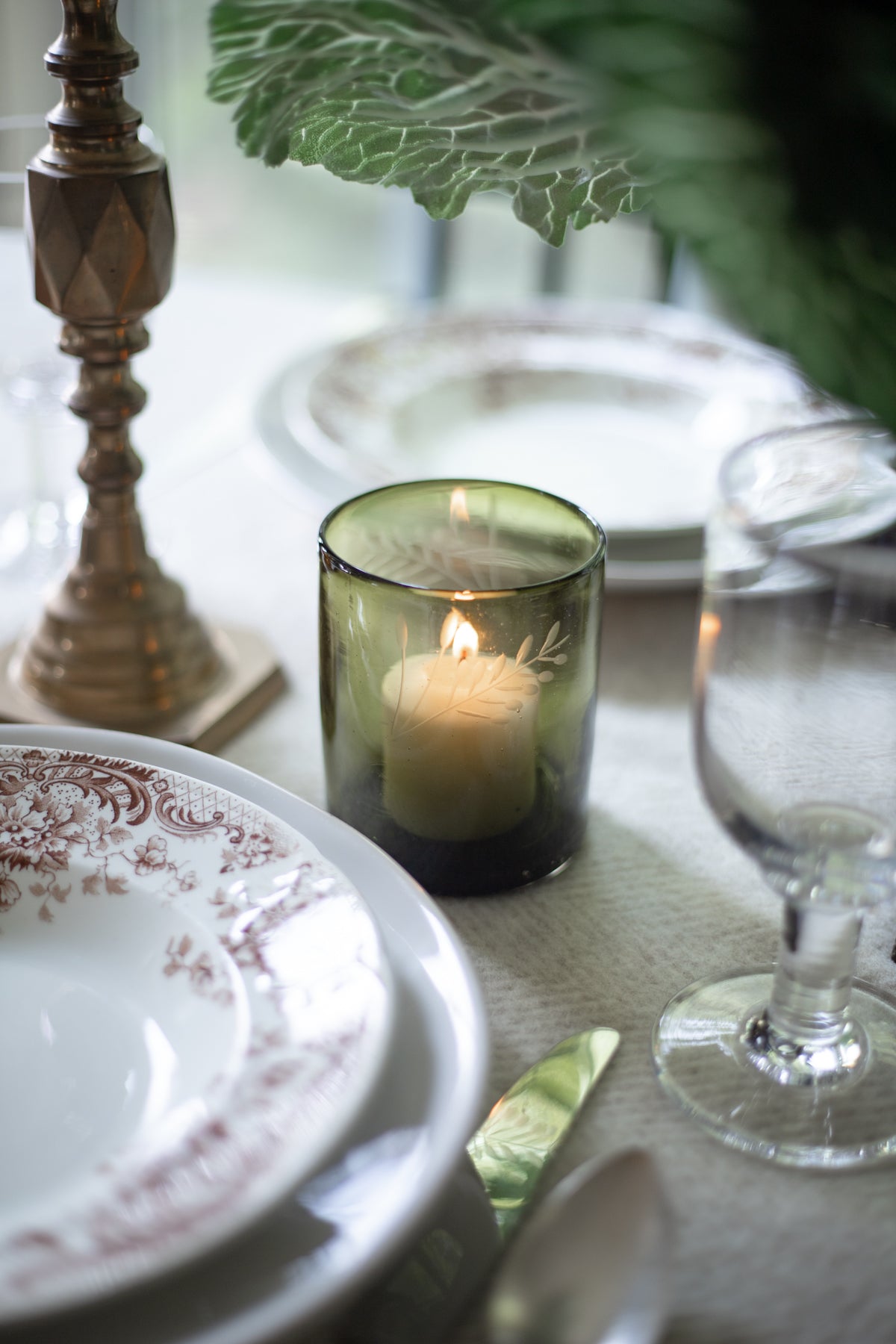 Olive Green Etched Glass Candle Holder