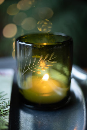 Olive Green Etched Glass Candle Holder