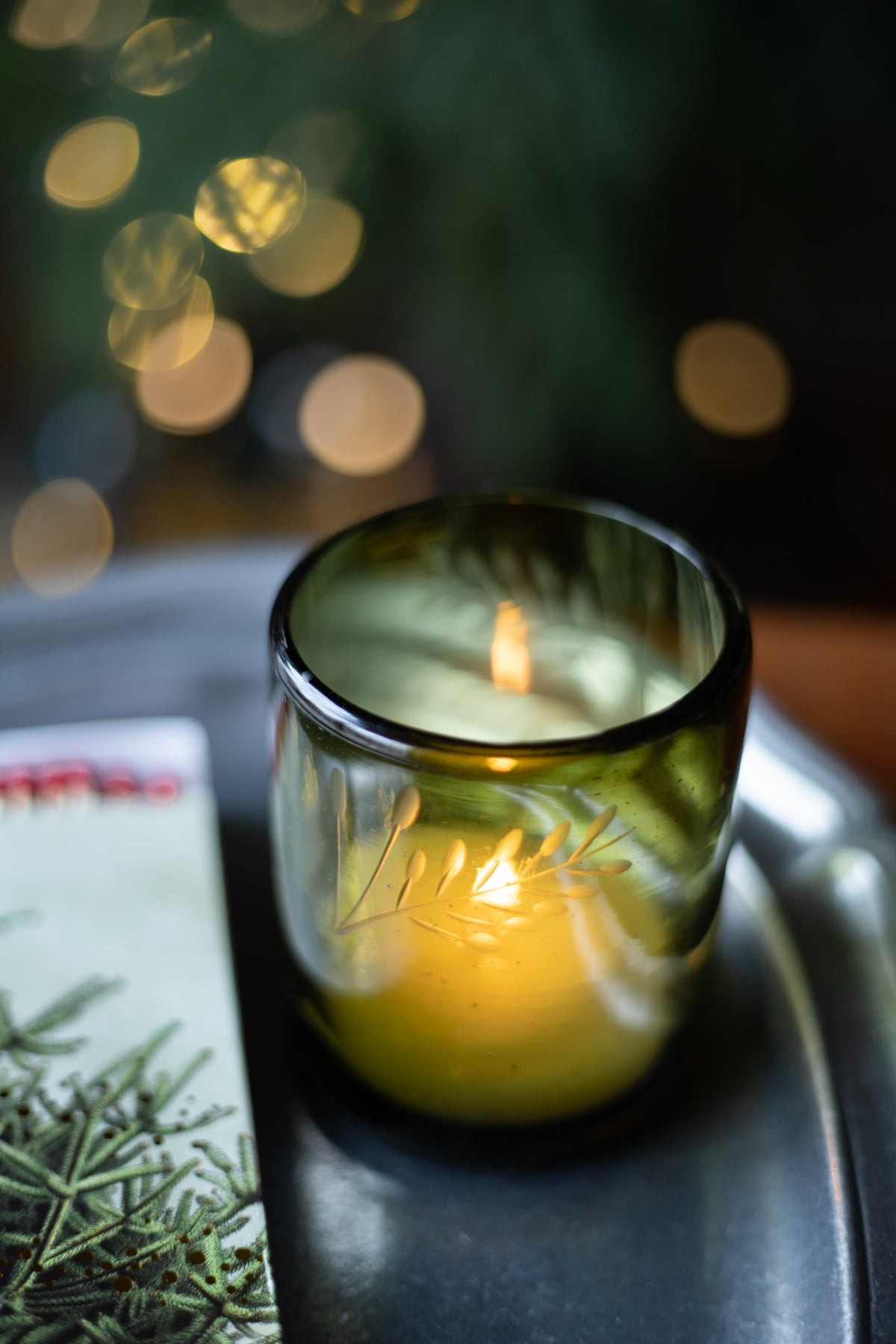 Olive Green Etched Glass Candle Holder