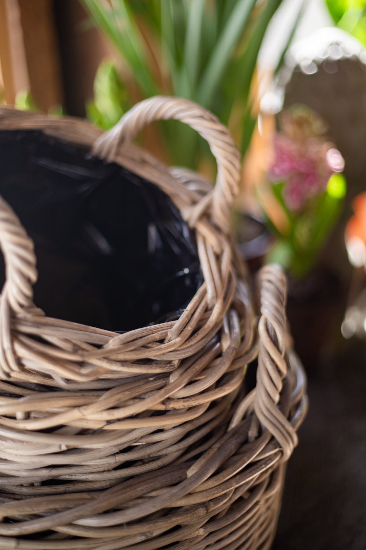 Rattan Lined Planter Basket - Round with Handles