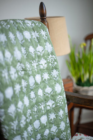 Block Print Green Kantha Cotton Throw Blanket