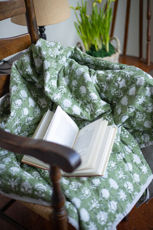 Block Print Green Kantha Cotton Throw Blanket