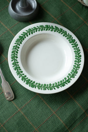 Vintage Round Serving Bowl with Green Leaf Design