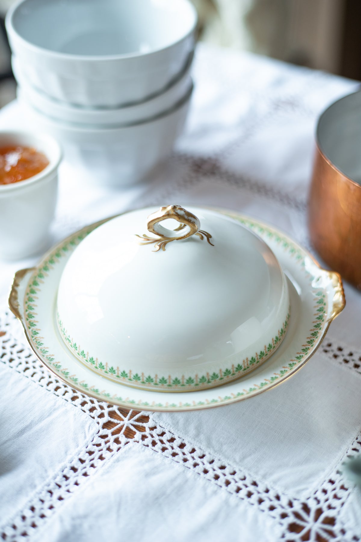Antique Round Butter Dish with Domed Lid