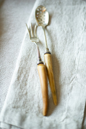 Antique Antler-Handled Pickle Fork and Pierced Spoon Set