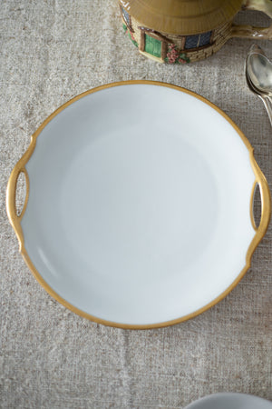 Vintage Round White Serving Platter with Gold Trim