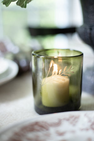 Olive Green Etched Glass Candle Holder