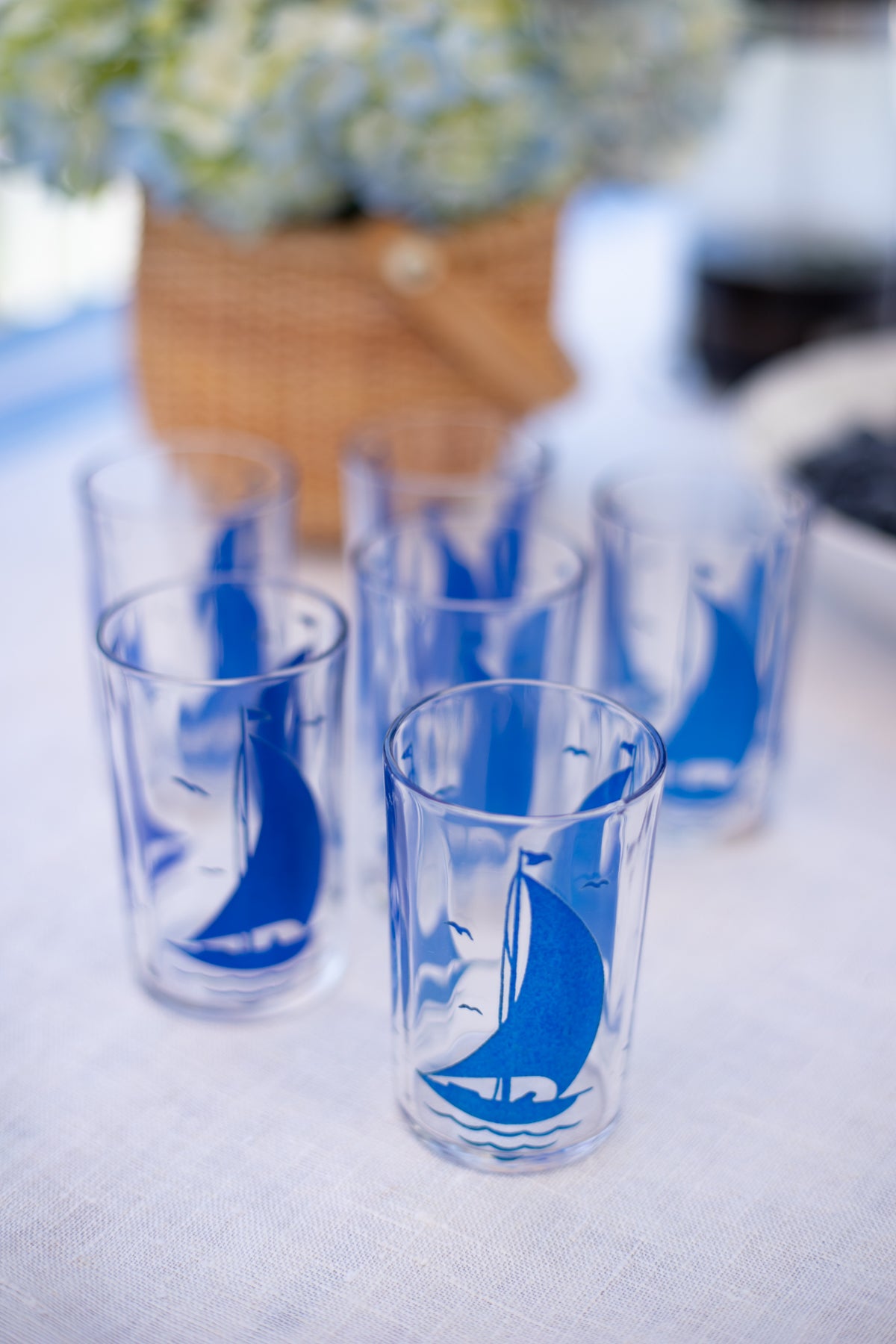 Vintage Blue Sailboat Juice Glasses - Set of 6