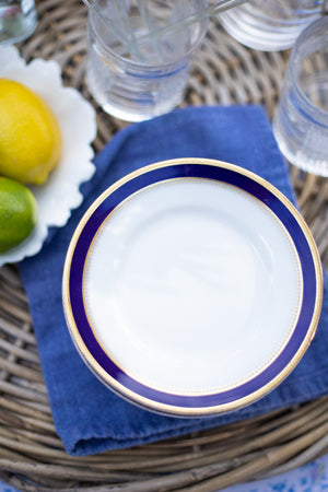 Vintage Navy Blue and White Appetizer Plates with Gold Trim - Set of 12