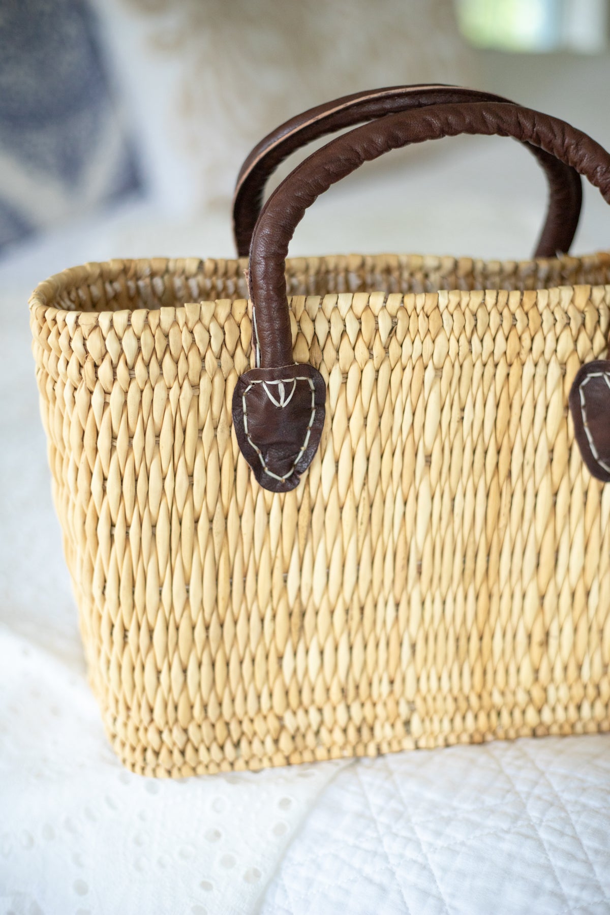 Big woven straw bag, French basket with leather handles, Straw